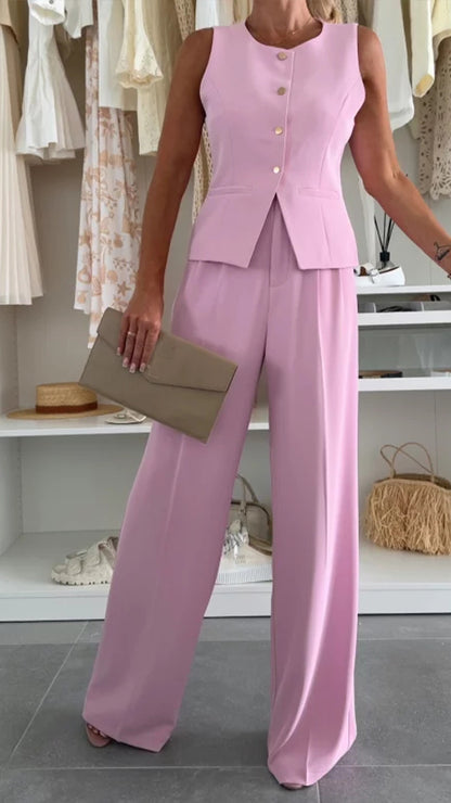 lusailstore - Elegant V-neck button-trimmed vest and trouser suit