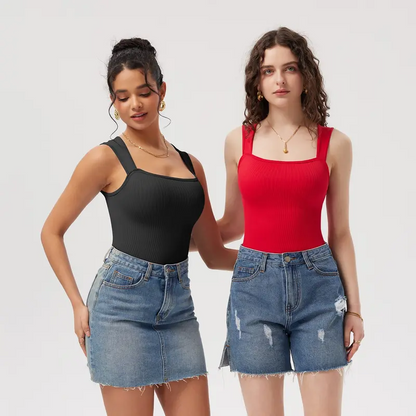 lusailstore - Women's Ribbed Square Neck Sleeveless Bodysuit with Tummy Control