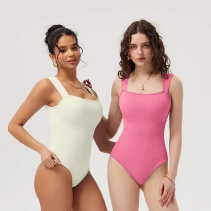 lusailstore - Women's Ribbed Square Neck Sleeveless Bodysuit with Tummy Control