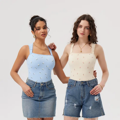 lusailstore - Women's Ribbed Square Neck Sleeveless Bodysuit with Tummy Control