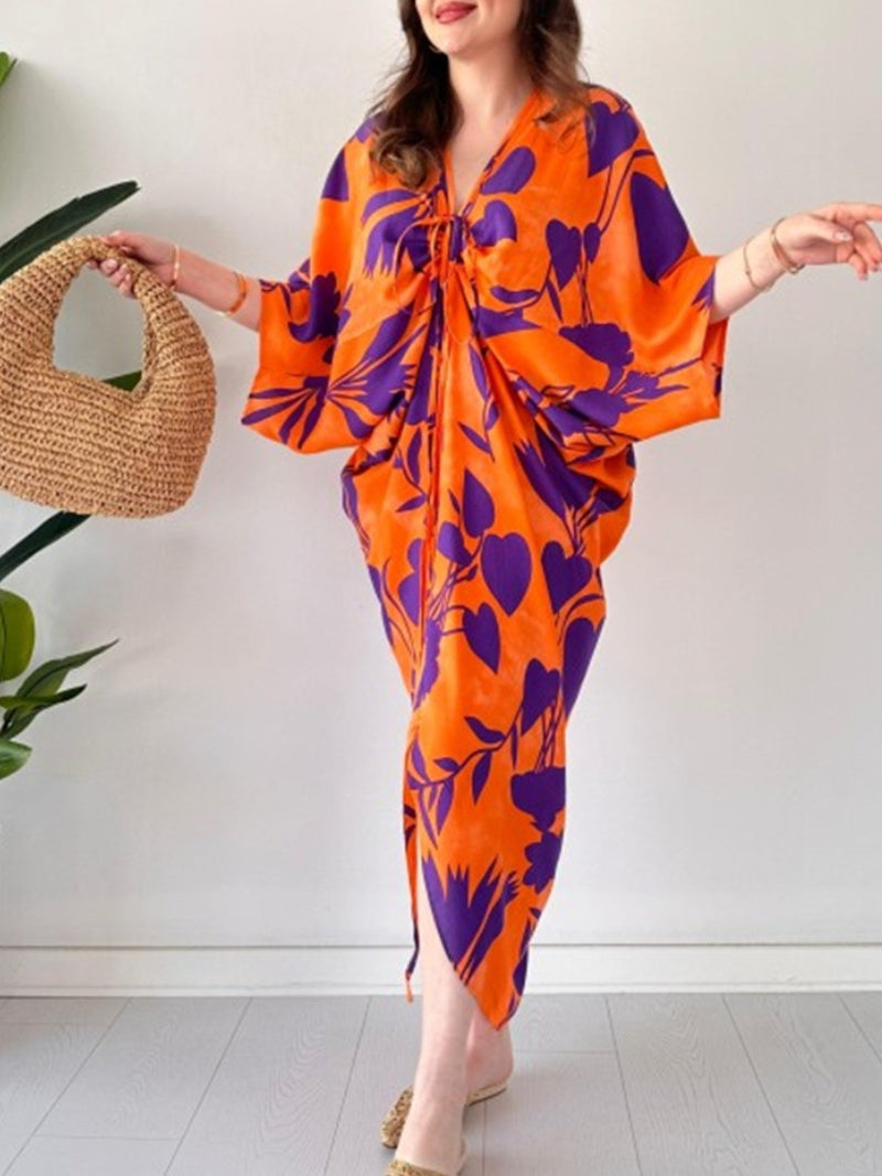 lusailstore - Fashion Printed Bat Sleeve V-Neck Dress