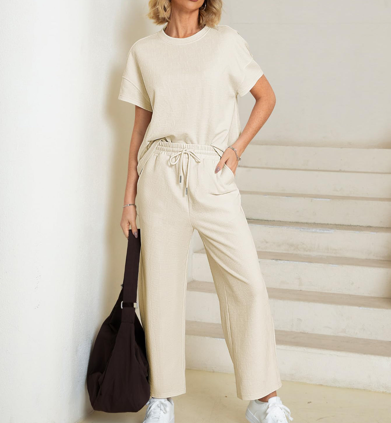 lusailstore - Casual short-sleeved loose top and wide-leg pants suit