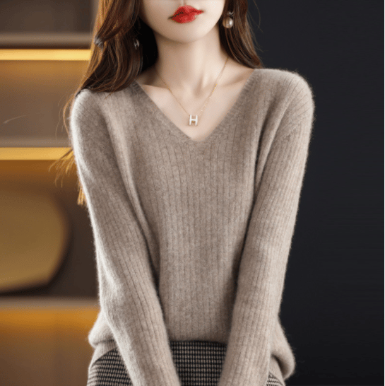 lusailstore- V-Neck Pullover Long Sleeve Solid Color Cashmere Sweater