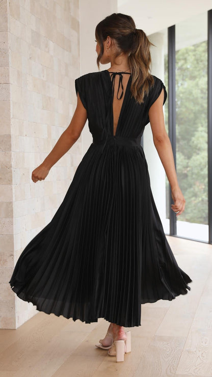 lusailstore - Draped V-Neck Pleated Skirt Dress