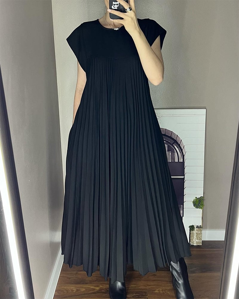 lusailstore - Women Pleated Simple Solid Color Dress