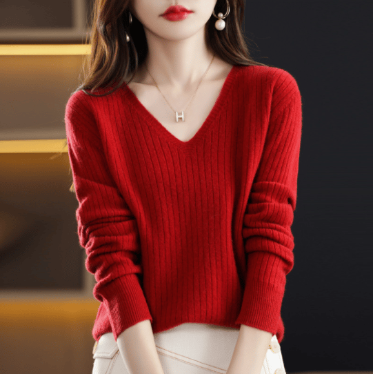 lusailstore- V-Neck Pullover Long Sleeve Solid Color Cashmere Sweater