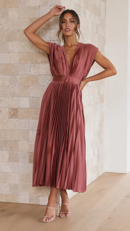 lusailstore - Draped V-Neck Pleated Skirt Dress