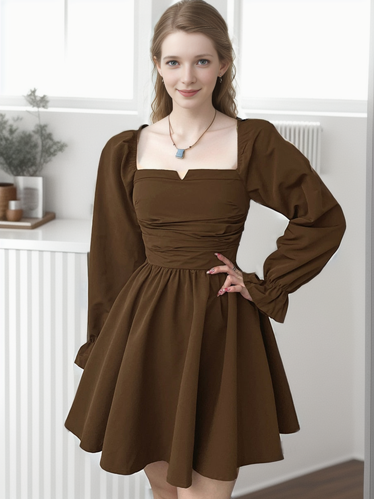 lusailstore-Brown Square Neck Long-Sleeve Pleated Dress