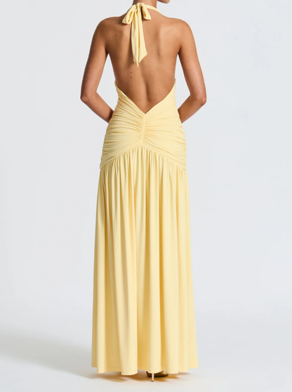 lusailstore - Halter neck V-neck open back pleated slit high waist midi dress