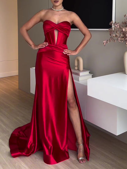 lusailstore - strapless slit red evening dress red