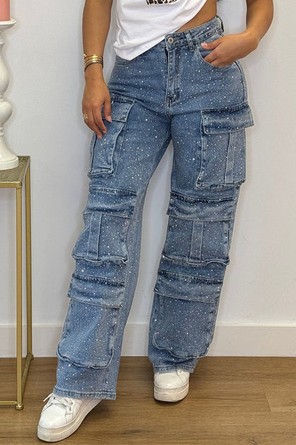 lusailstore - Casual street style rhinestone-studded cargo jeans