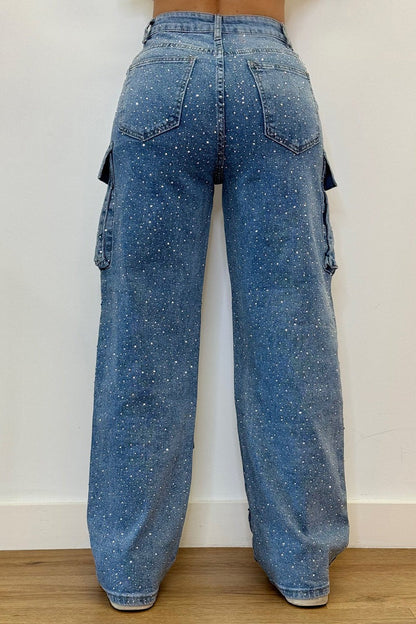lusailstore - Casual street style rhinestone-studded cargo jeans