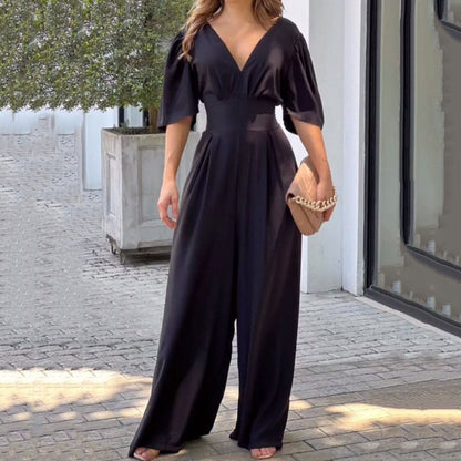 lusailstore - V-neck high waist loose wide-leg jumpsuit