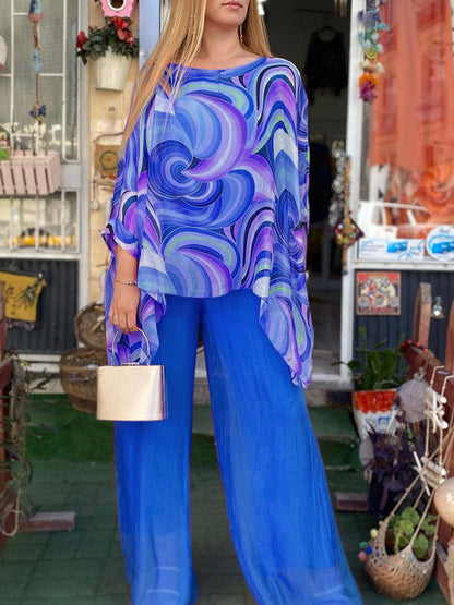 lusailstore -New Colorful Chiffon Set Casual Round Neck Print