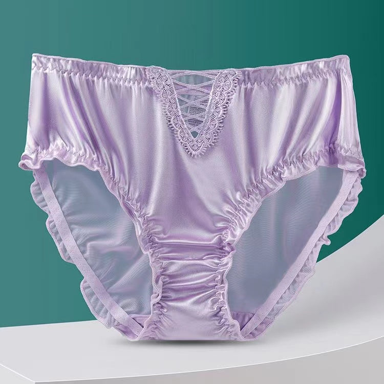 lusailstore - Women's Satin Ice Silk Seamless Lace Briefs