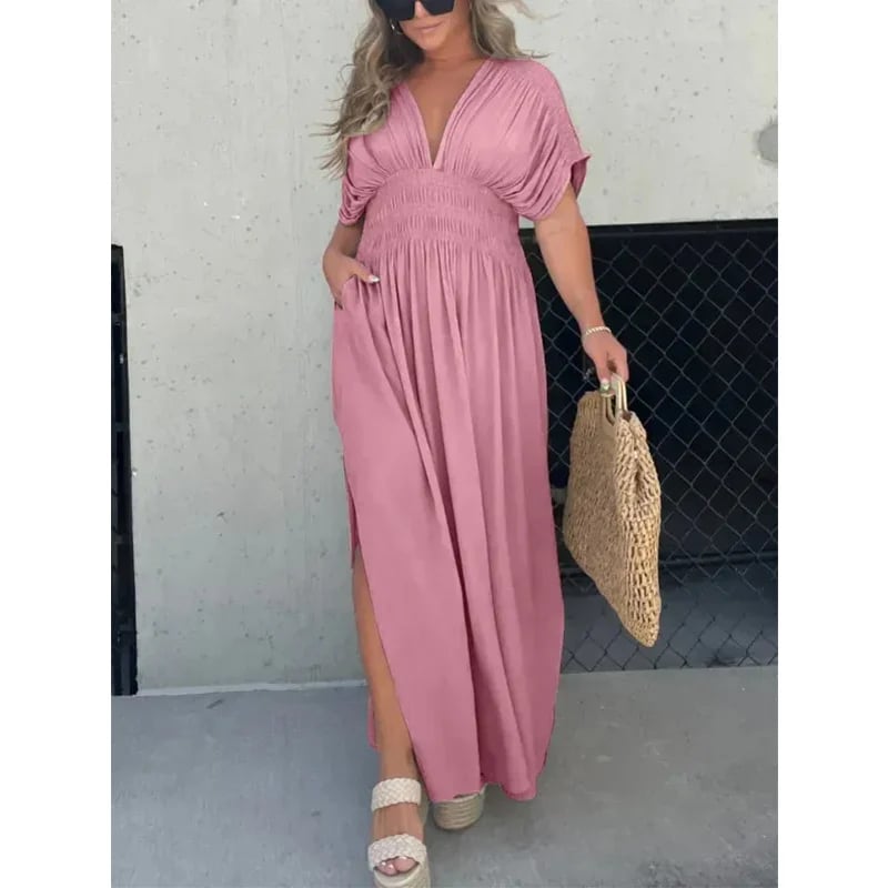 lusailstore - Slit V-neck casual long dress