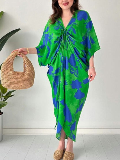 lusailstore - Fashion Printed Bat Sleeve V-Neck Dress
