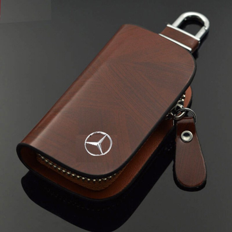 lusailstore - car logo leather wood grain car key case