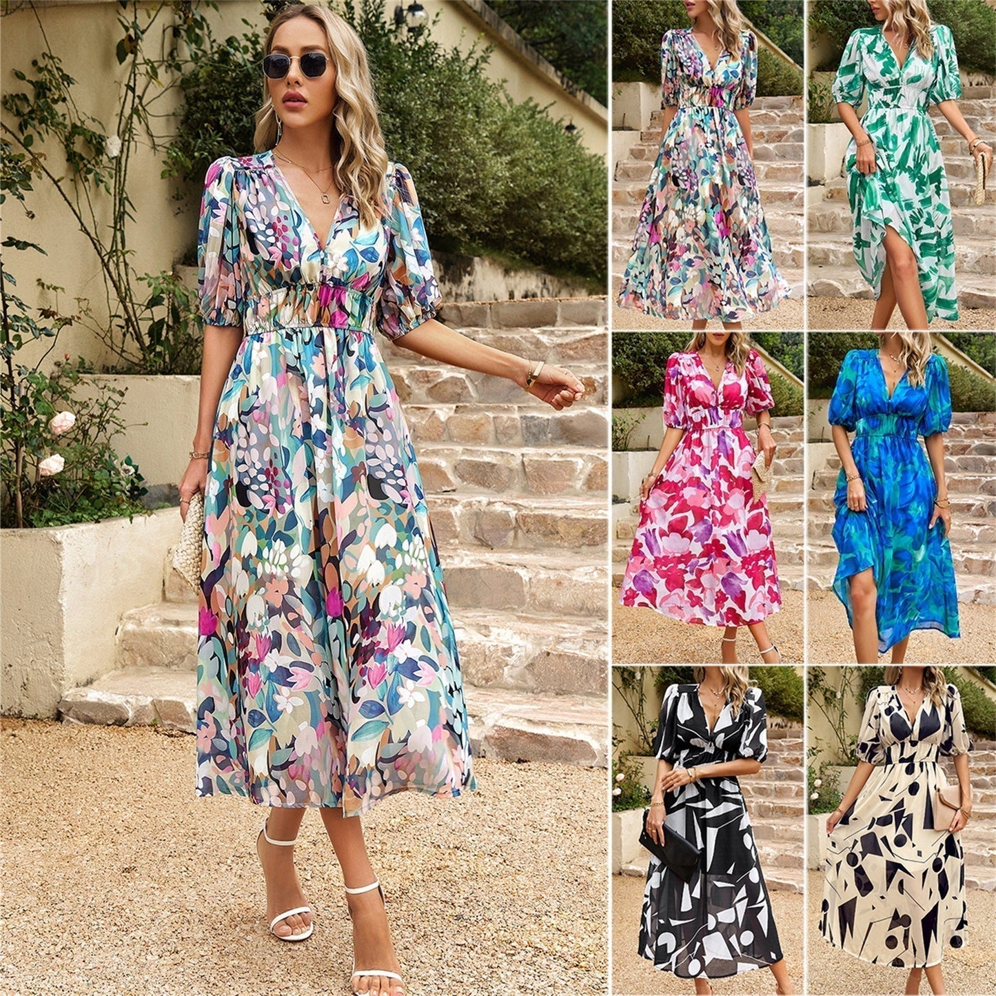 lusailstore - Elegant Waist V-neck Printed Dress