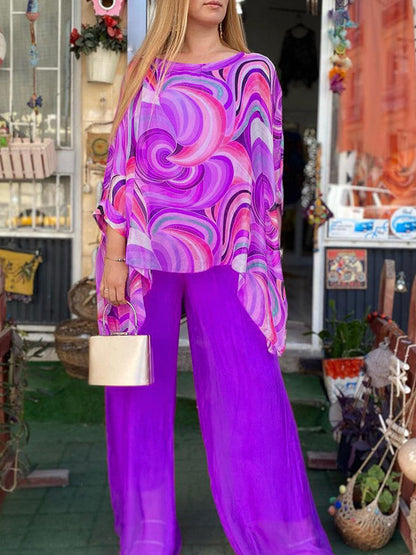 lusailstore -New Colorful Chiffon Set Casual Round Neck Print