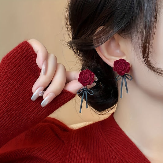 lusailstore - Red flocked rose black bow earrings