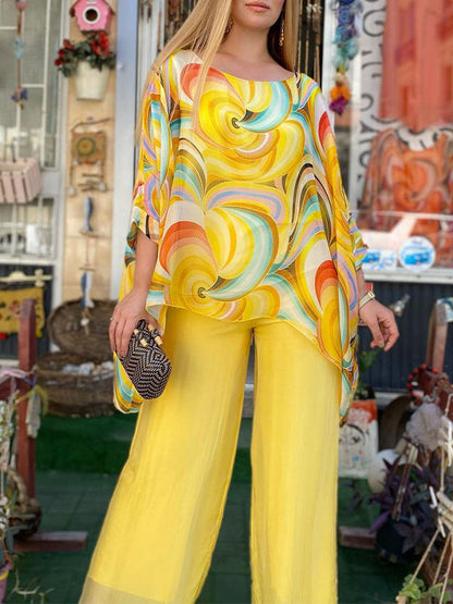 lusailstore -New Colorful Chiffon Set Casual Round Neck Print