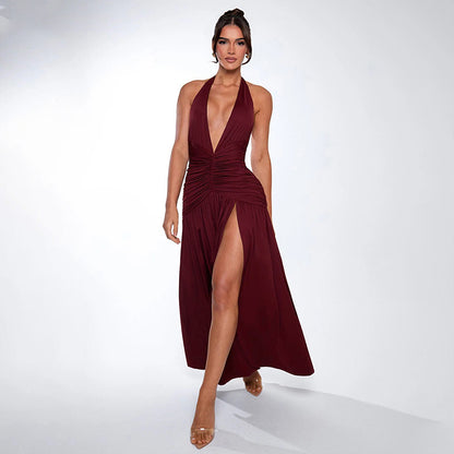 lusailstore - Halter neck V-neck open back pleated slit high waist midi dress