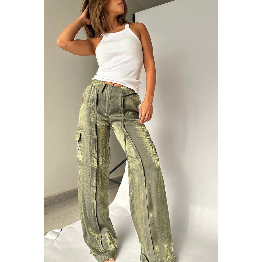 lusailstore - Golden Years Glitter Fabric Drawstring Waist Pocketed Wide Leg Pants