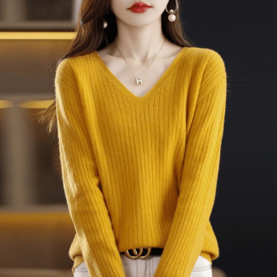 lusailstore- V-Neck Pullover Long Sleeve Solid Color Cashmere Sweater