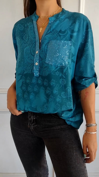 lusailstore -V-neck Half-button Printed Top