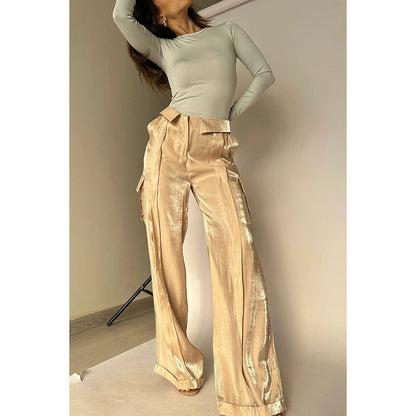 lusailstore - Golden Years Glitter Fabric Drawstring Waist Pocketed Wide Leg Pants