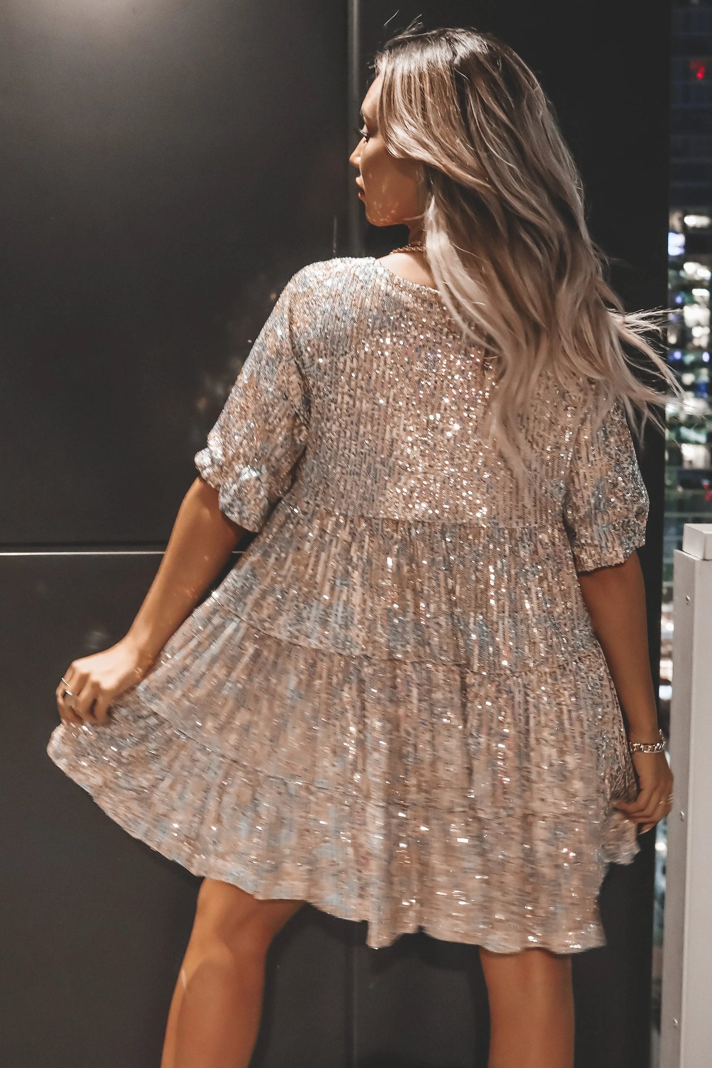 lusailstore- Sequin Baby Doll Dress