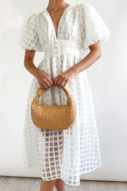 lusailstore- Beautiful square pattern fabric puff sleeve midi