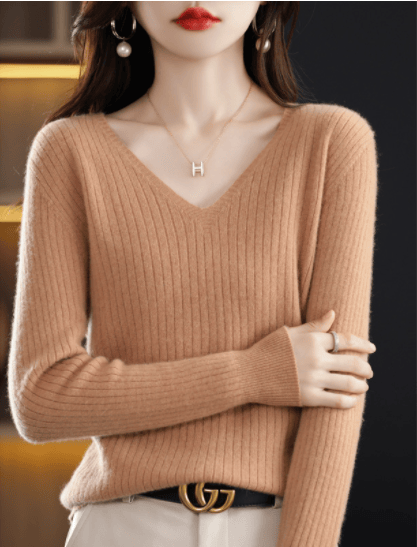 lusailstore- V-Neck Pullover Long Sleeve Solid Color Cashmere Sweater