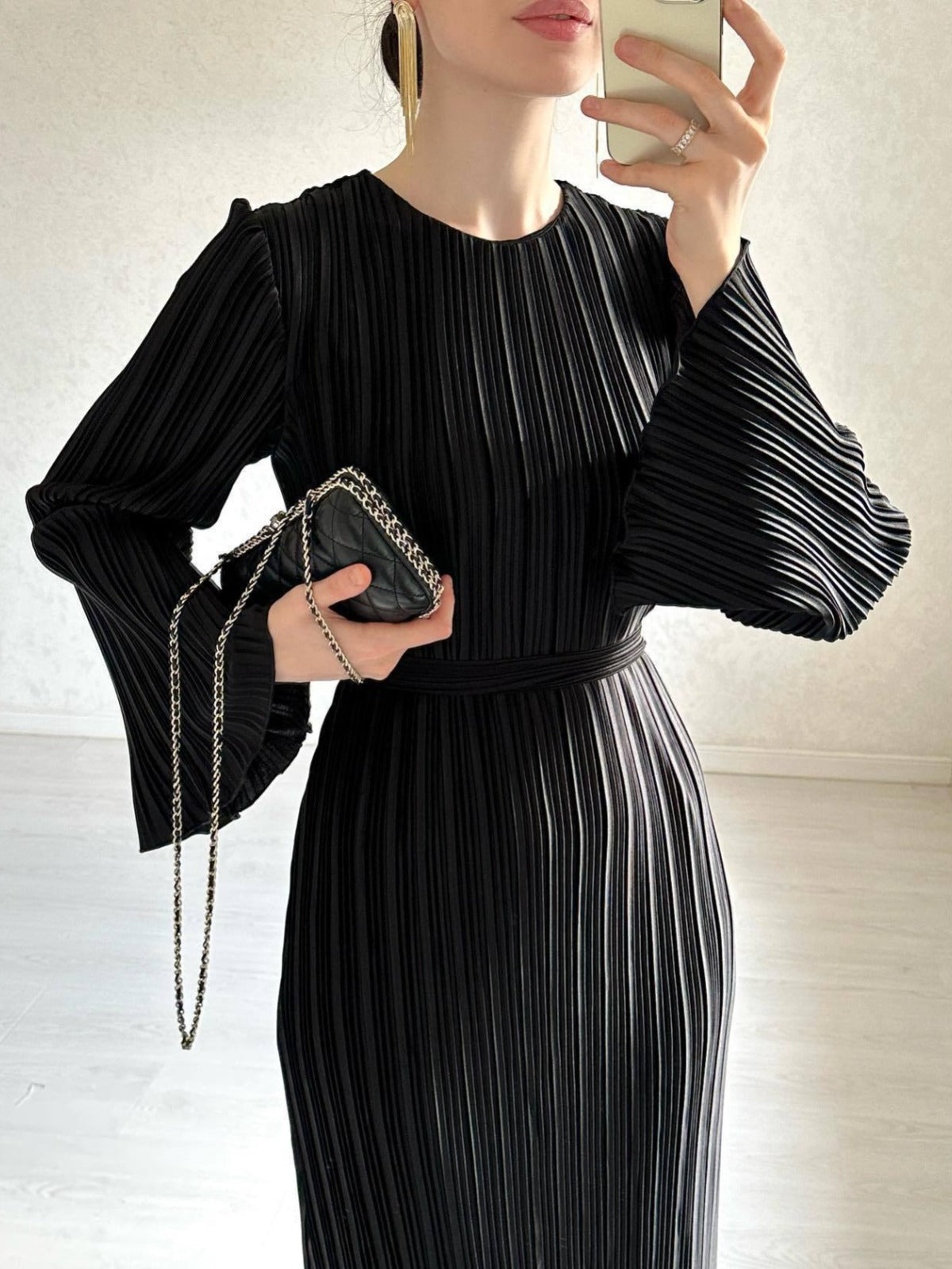 lusailstore - Pleated Bell Sleeve Maxi Dress