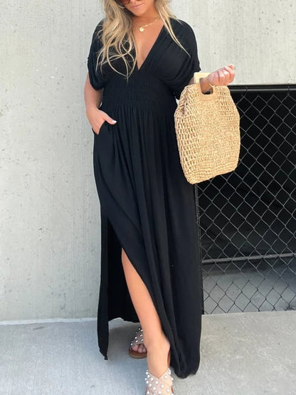 lusailstore - Slit V-neck casual long dress