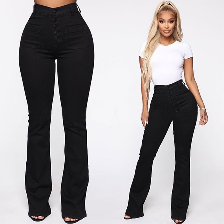 lusailstore - Button Fly Booty Shaping High Waist Flare Jeans