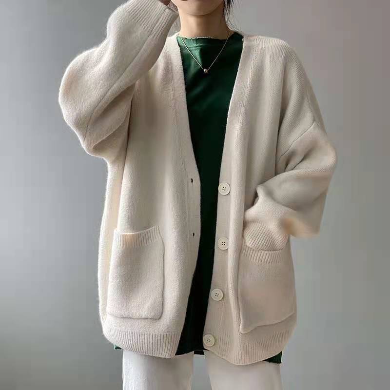 lusailstore - Lazy-style Solid-color Knitted Cardigan