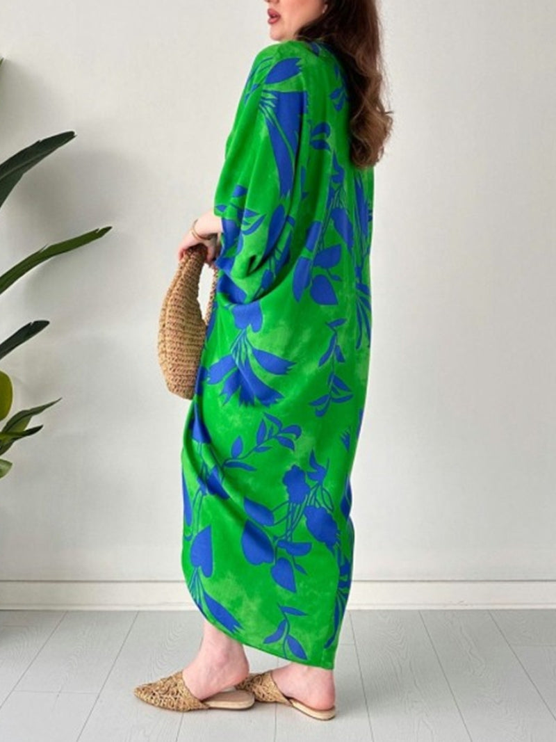 lusailstore - Fashion Printed Bat Sleeve V-Neck Dress