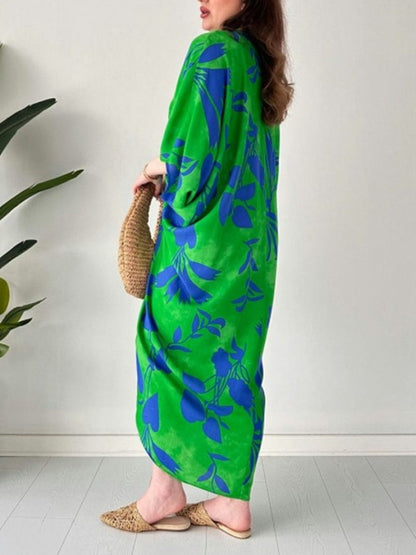 lusailstore - Fashion Printed Bat Sleeve V-Neck Dress