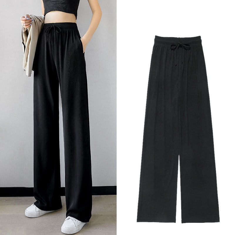 lusailstore - Drawstring Ice Silk Wide-Leg Lounge Pants