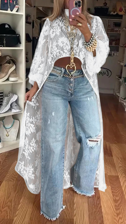 lusailstore - women's round neck lace short-front-long-back casual tops