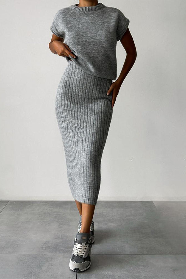 lusailstore - Knit Short Sleeve Sweater and Stretch Ribbed Midi Skirt Set