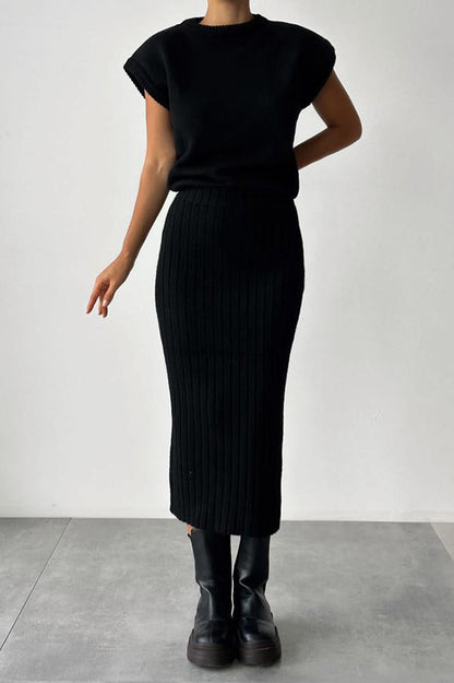 lusailstore - Knit Short Sleeve Sweater and Stretch Ribbed Midi Skirt Set