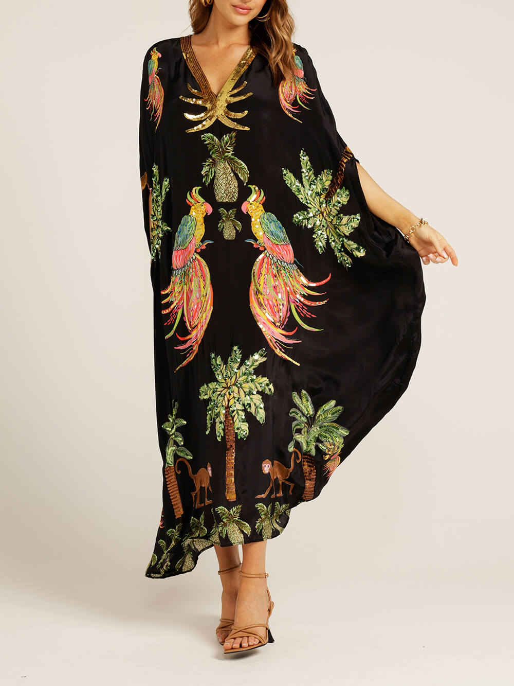 Lusailstore Dropped Sleeve Coconut Tree Print Dress lusailstore-dropped-sleeve-coconut-tree-print-dress