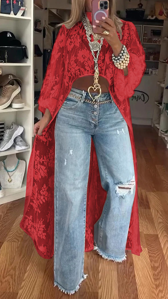 lusailstore - women's round neck lace short-front-long-back casual tops