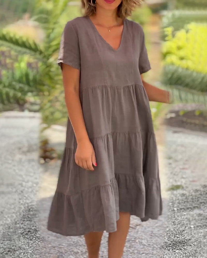 lusailstore - Cotton linen v-neck solid color dress