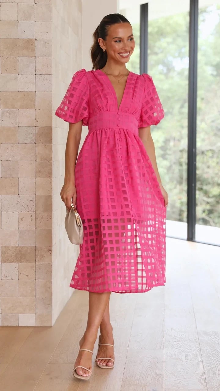 lusailstore- Beautiful square pattern fabric puff sleeve midi