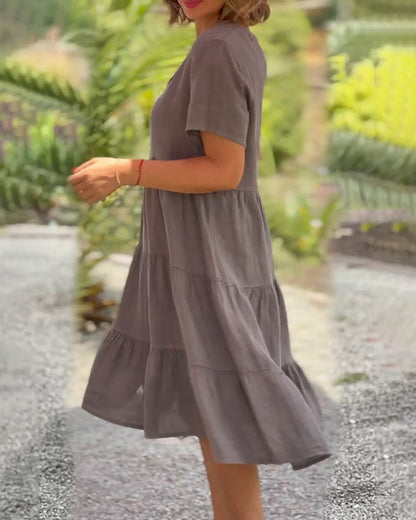 lusailstore - Cotton linen v-neck solid color dress