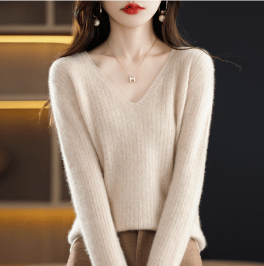 lusailstore- V-Neck Pullover Long Sleeve Solid Color Cashmere Sweater